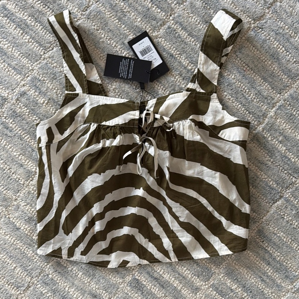 Olive & White Zebra-Print Tie-Front Crop Top